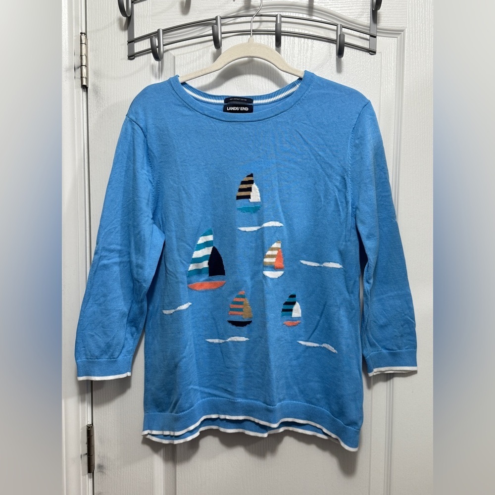 Land’s End‎ Pullover Sweater Women’s Sz L Blue Sailboats Supima Cotton Nautical